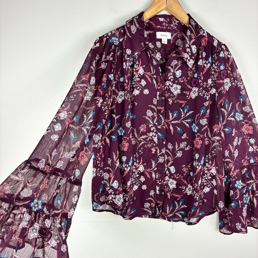 CeCe Floral Blouse L Purple Plum Bell Ruffle Long Sleeves Boho Peasant Hippie - Picture 3 of 10
